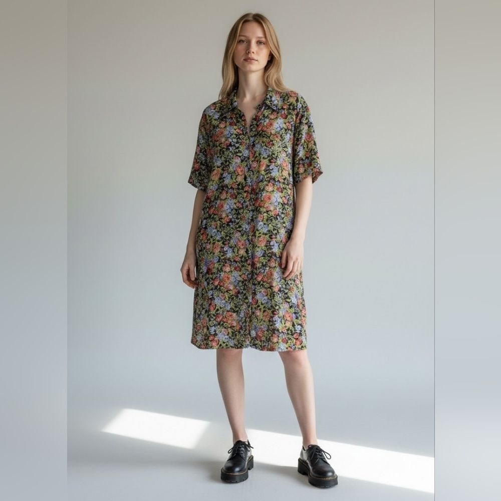 Stitches The Dress Co Vintage Floral Semi Button-Up Midi Dress